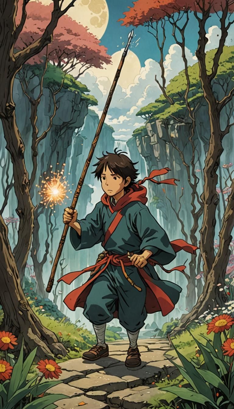 Seven of Wands Tarot in Ghibli Style