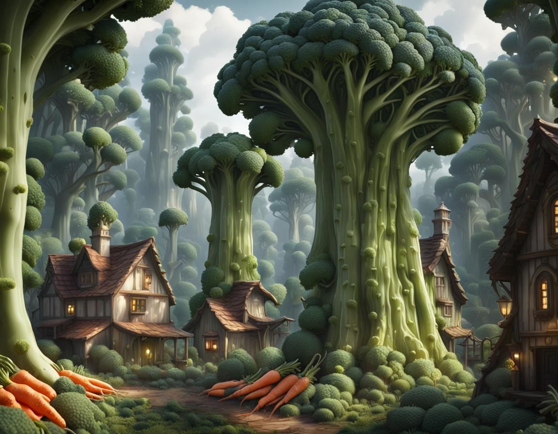 Broccoli Forest and Mushroom Village in Detailed Matte Paint...