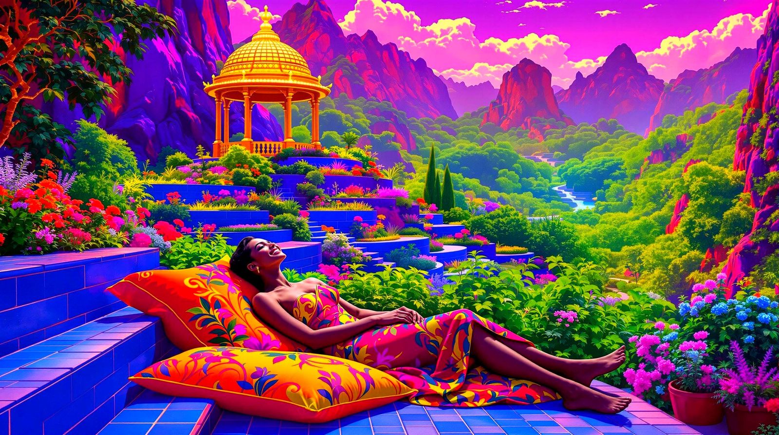 Ethereal Gazebo Scene in Blacklight Poster Style