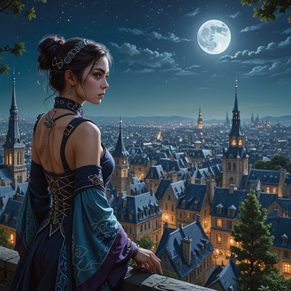 Steampunk Ninja Above Paris-Inspired City, Oil Painting