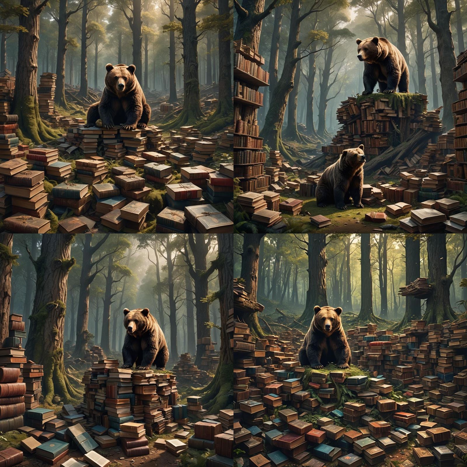 Brown Bear in a Book Forest: Fantasy Art