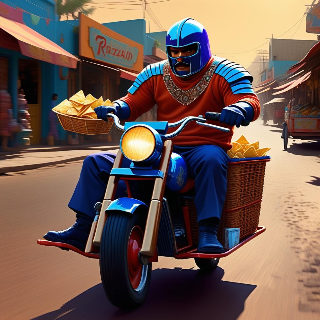 Luchador Rides Shopping Cart Motorcycle Through Mexican Mark...