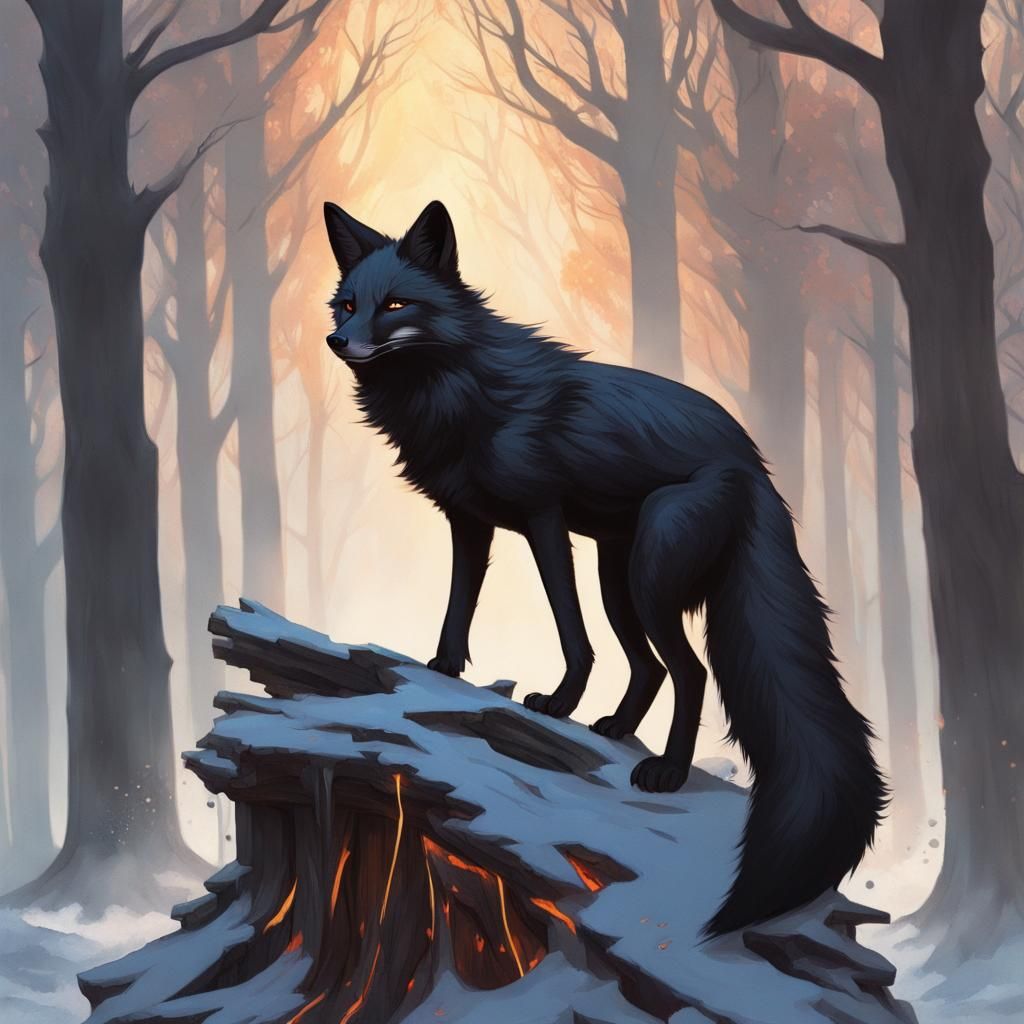 Majestic Black Fox in Oily Forest, as Splash Art