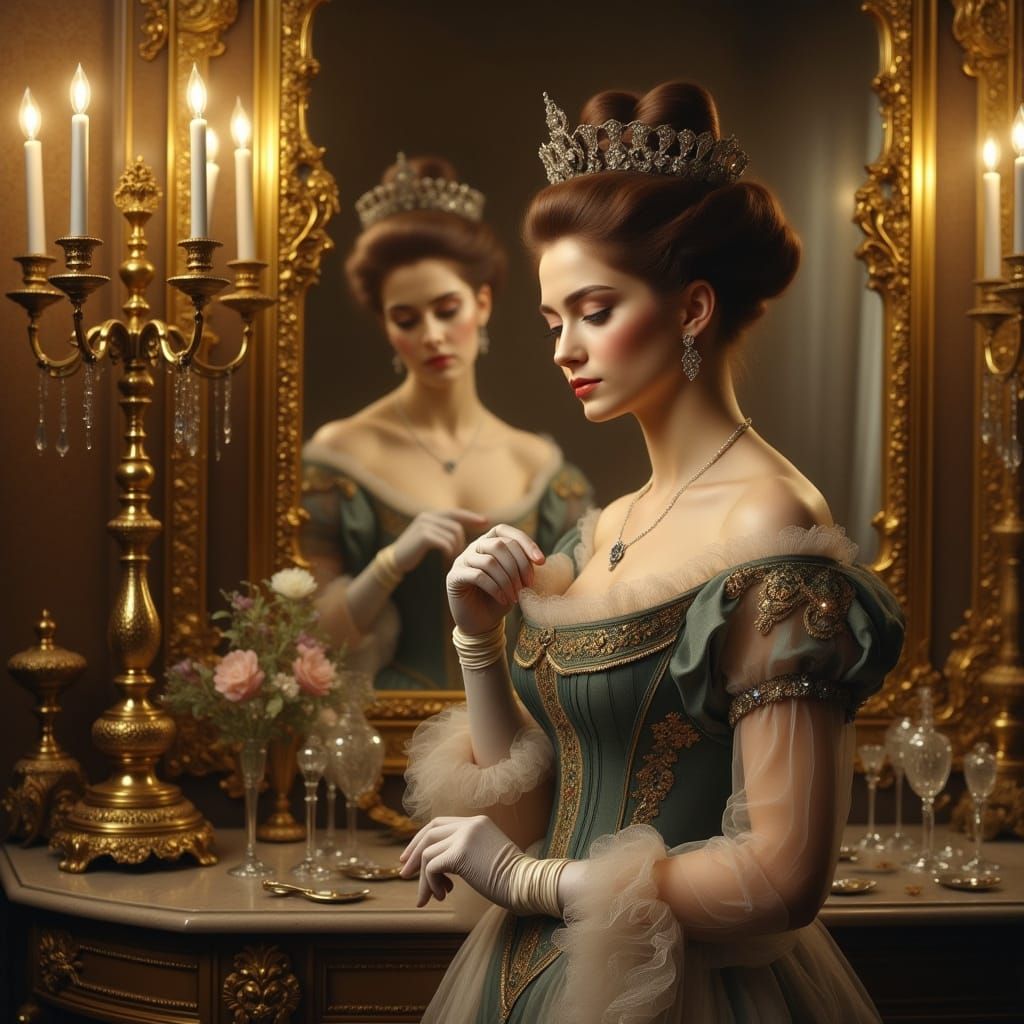 Ethereal Lady Inspects Her Elegant Attire in a Gilded Hall