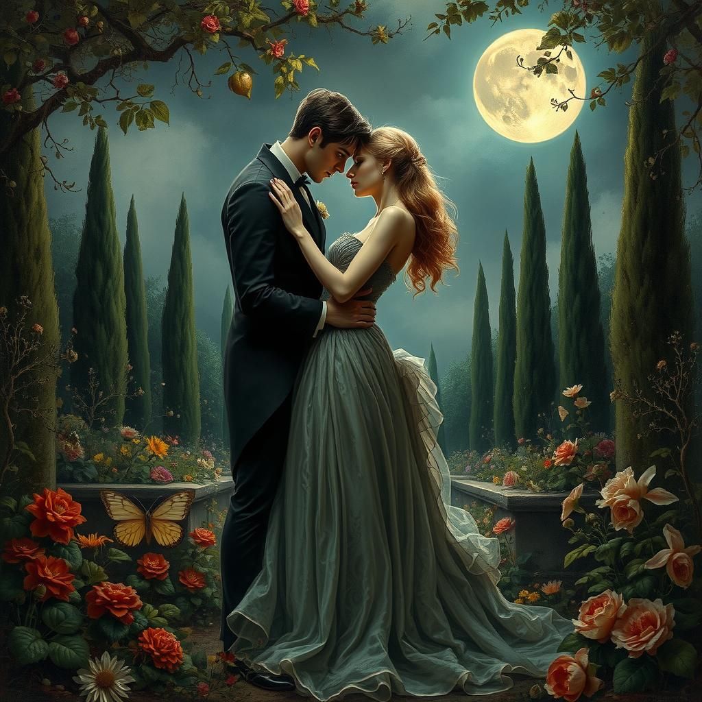 Embracing Couple in Rococo Garden of Foreboding