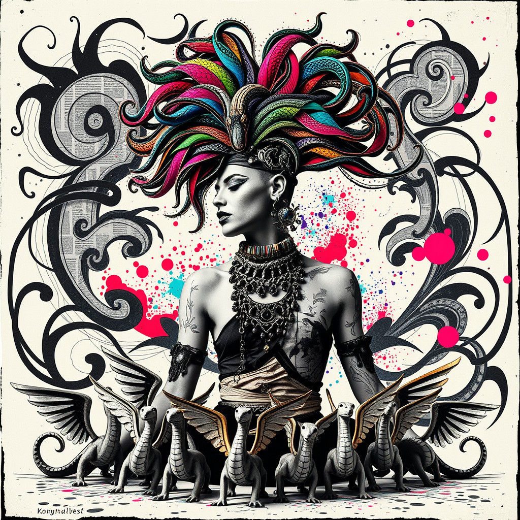 Quetzalcoatl-Inspired Figure in Dada Black and White