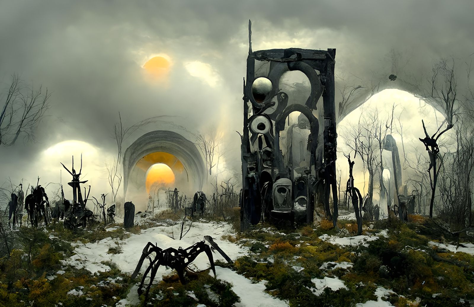 Doorway to Hell: Dieselpunk Spiders in Surreal Landscape
