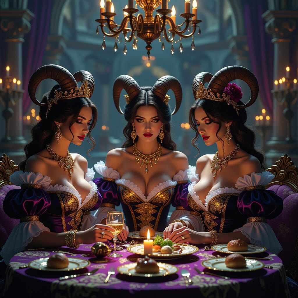 Goat-Headed Women in Baroque Castle, Dark Fantasy