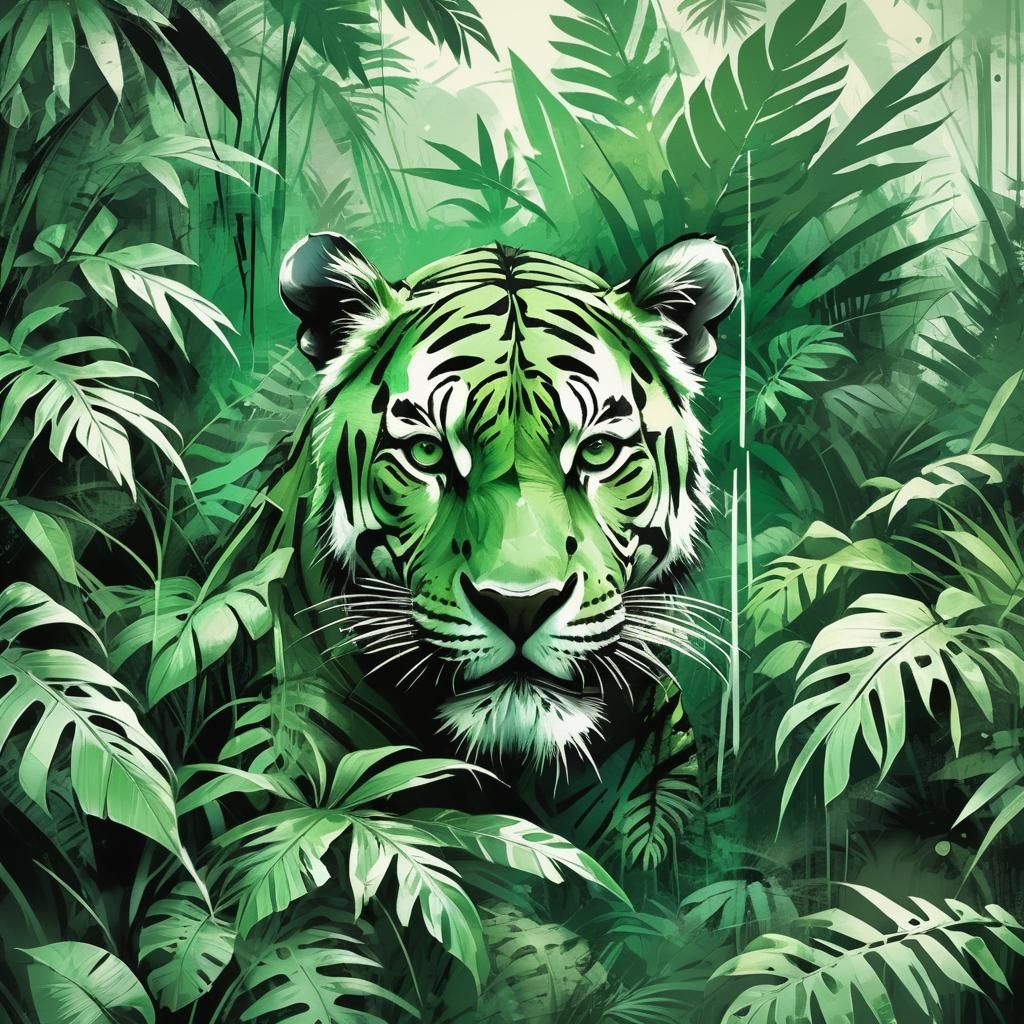 Monochromatic Green Tiger in Jungle Foliage