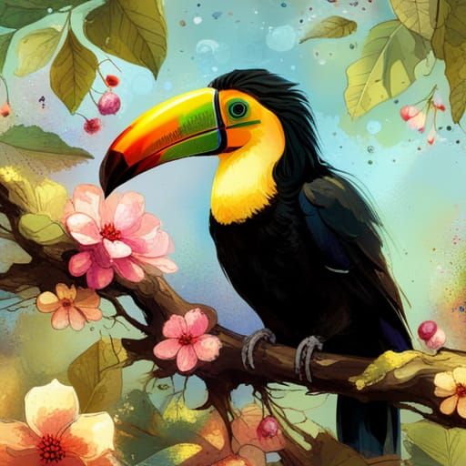 Colorful Toucan in Floral Tree, Polychromatic Art