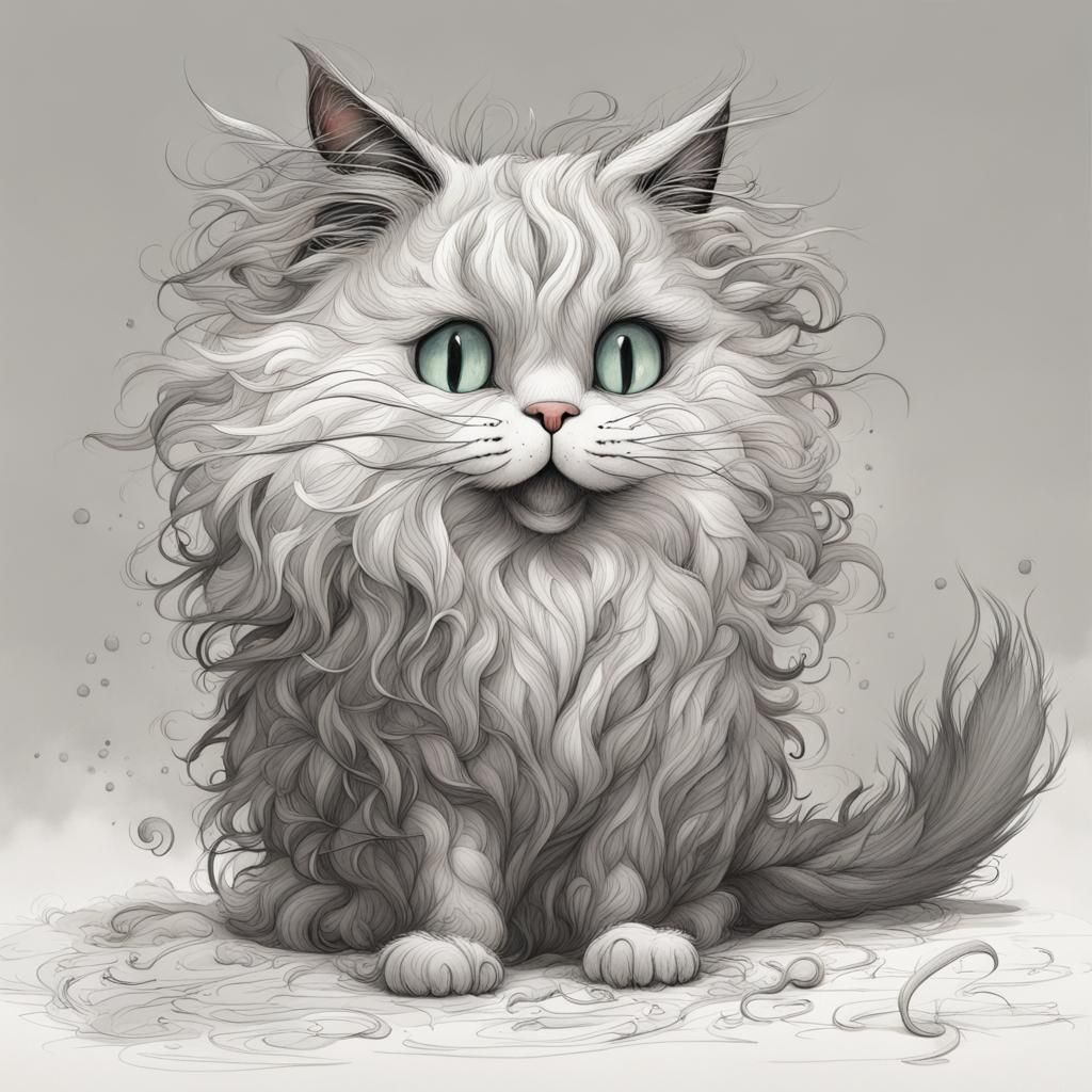 Happy Shaggy Black Cat Graphite Pencil Drawing