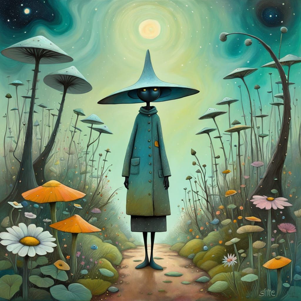 Ethereal Cosmic Wanderer in Dreamlike Garden