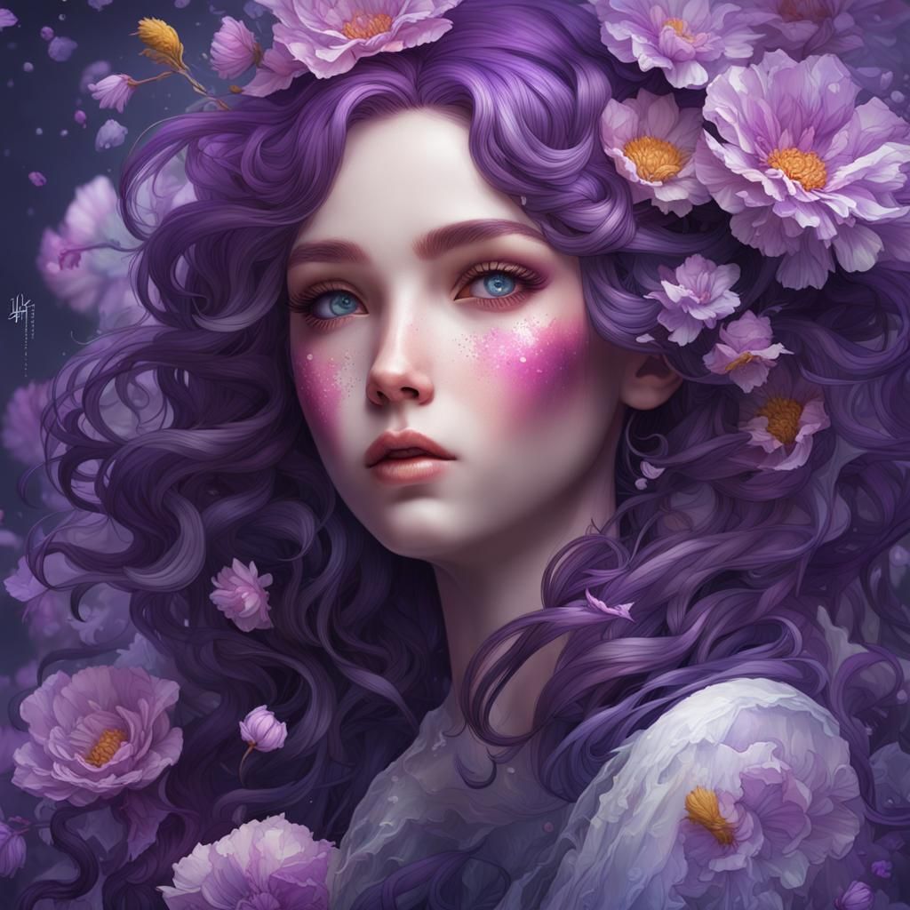Porcelain Doll with Purple Flowers, Digital Art