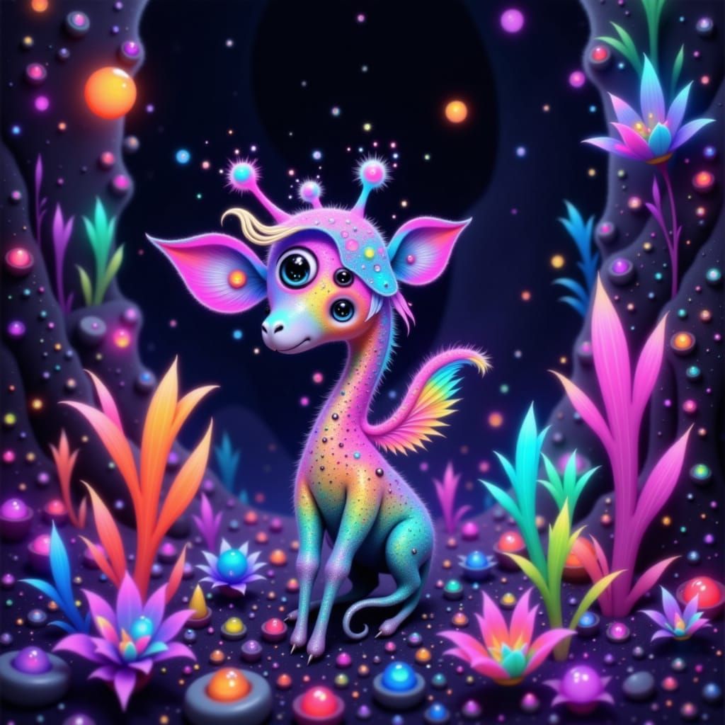 Rainbow Giraffe Creature in Neon Crystal Cave
