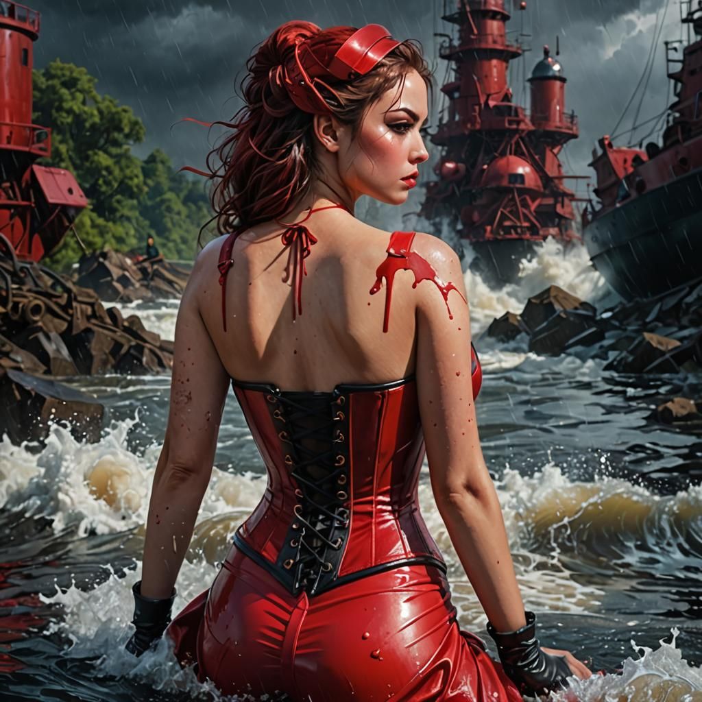 Stormy Portrait of Beautiful Woman in Red