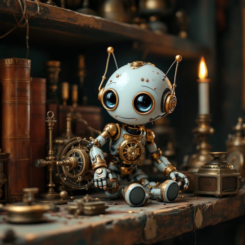 Whimsical Robot Peers at Vintage Contraptions