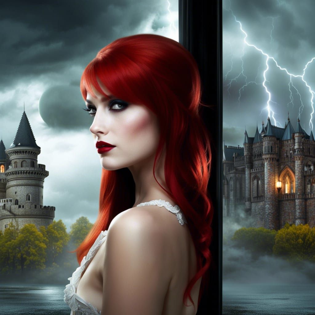 Redhead Vampire in Gothic Castle During Storm