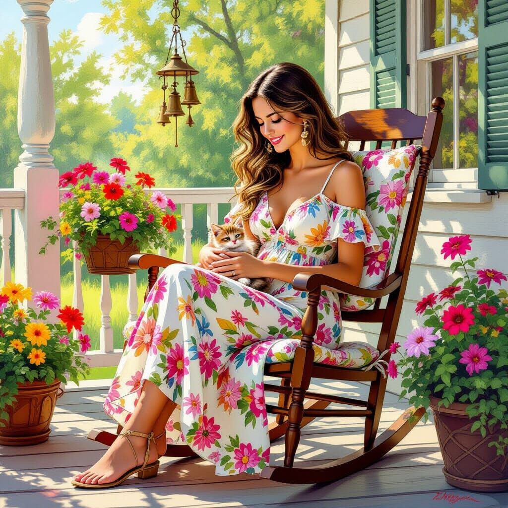 Woman with Kitten on Country Porch in Whimsical Style