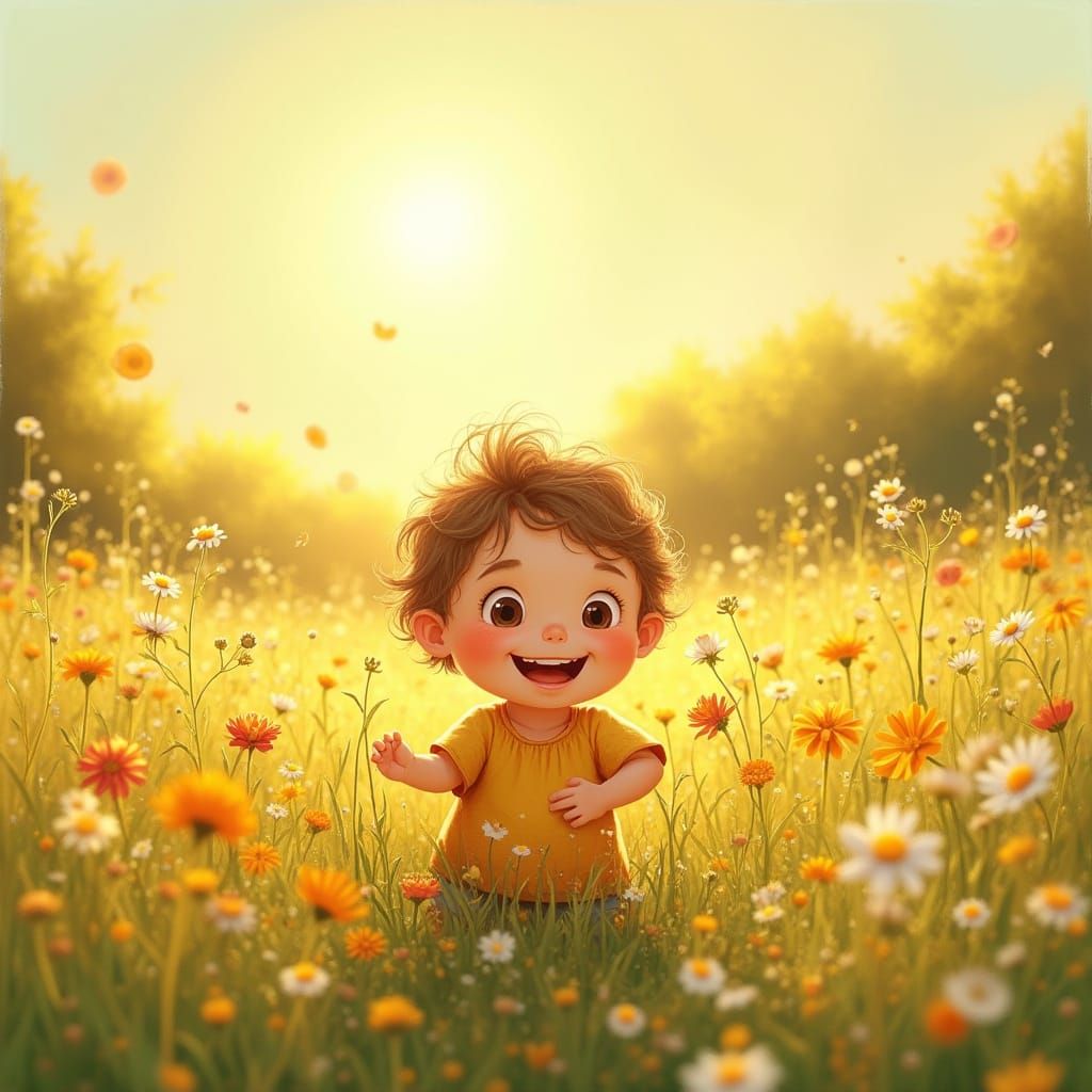 Joyful Child Playing in Sunlit Wildflower Meadow