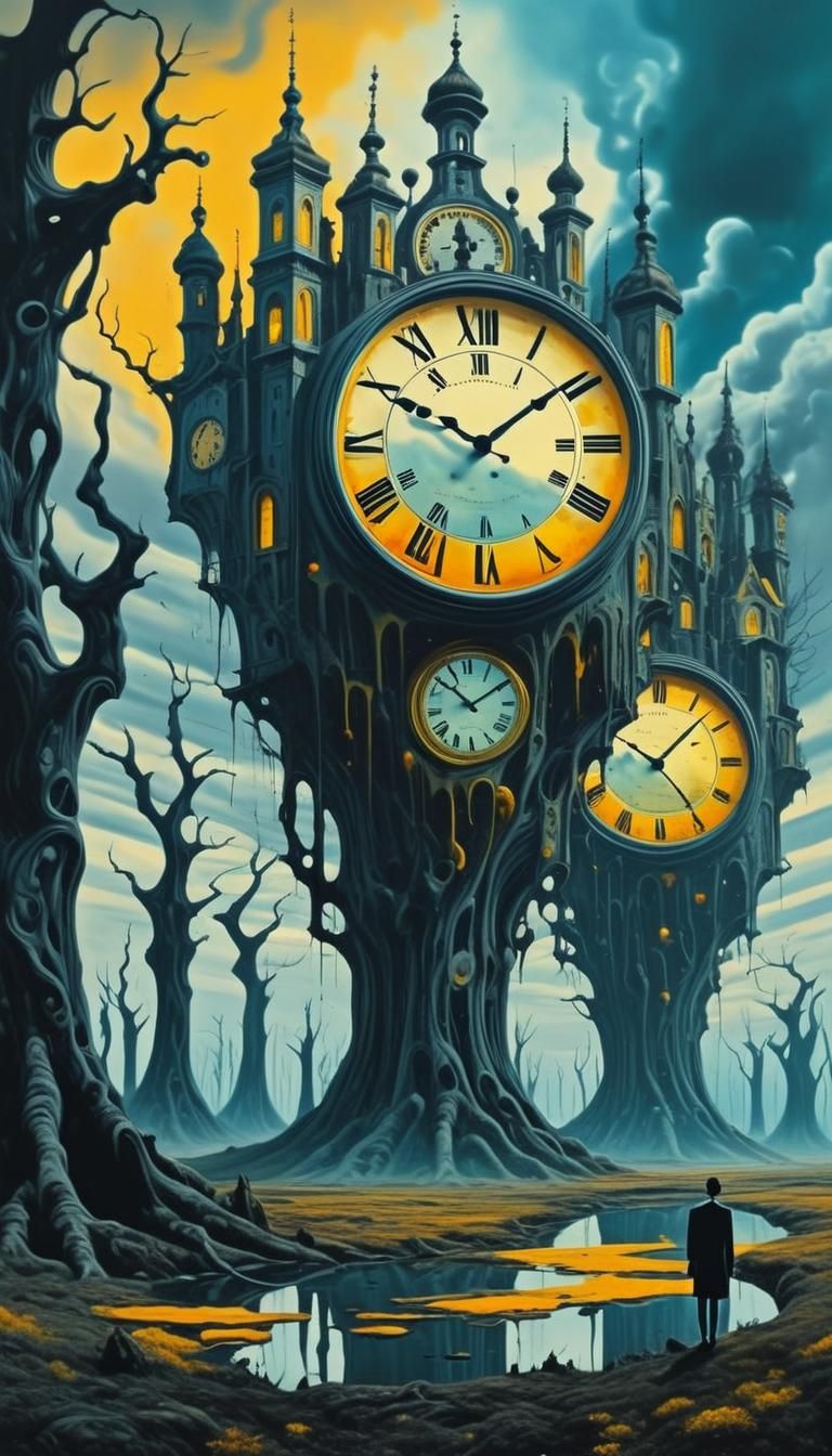 Surrealist Clock Towers in a Dreamlike Landscape, Bask in Hy...