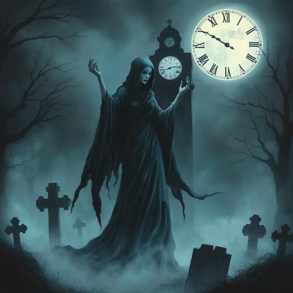 Gothic Ghostly Woman in Cemetery by Moonlight