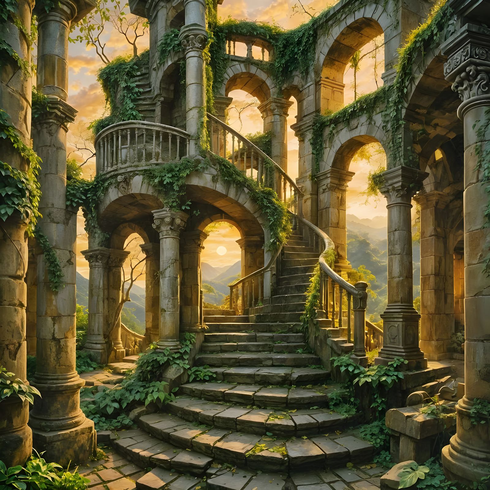 Surreal Landscape with Golden Ruins and Ethereal Sky