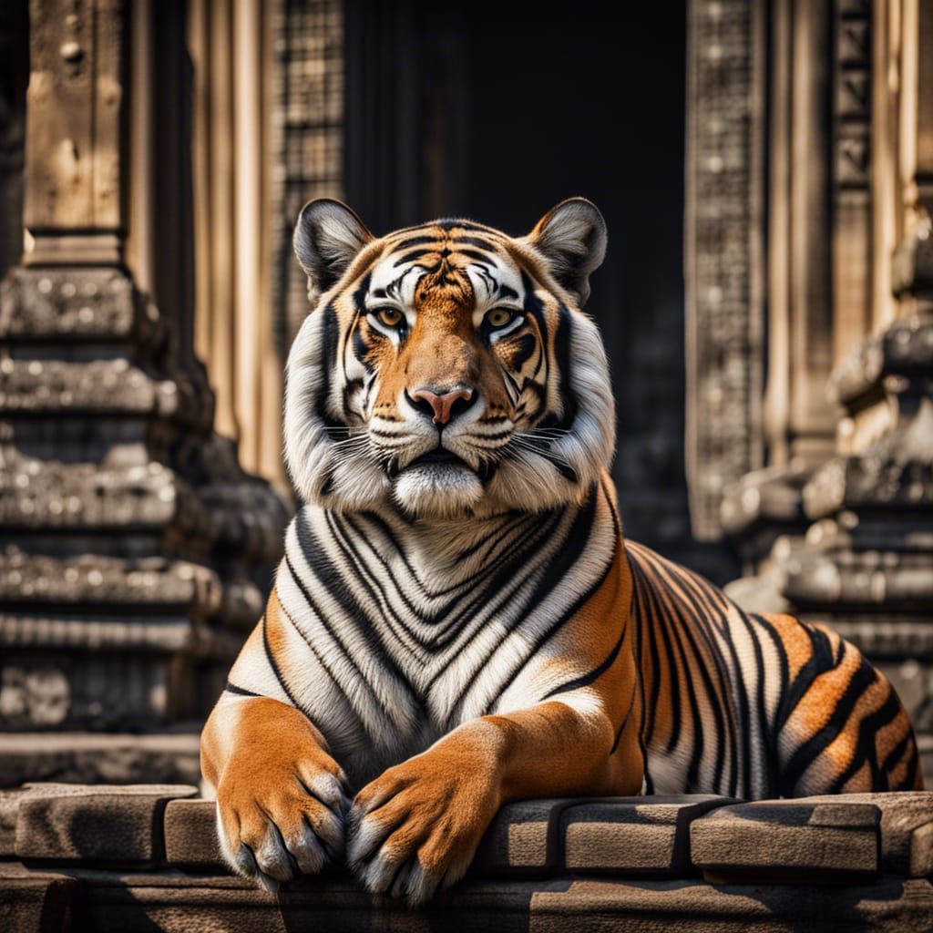 Tiger sitting outside angkor wat temple