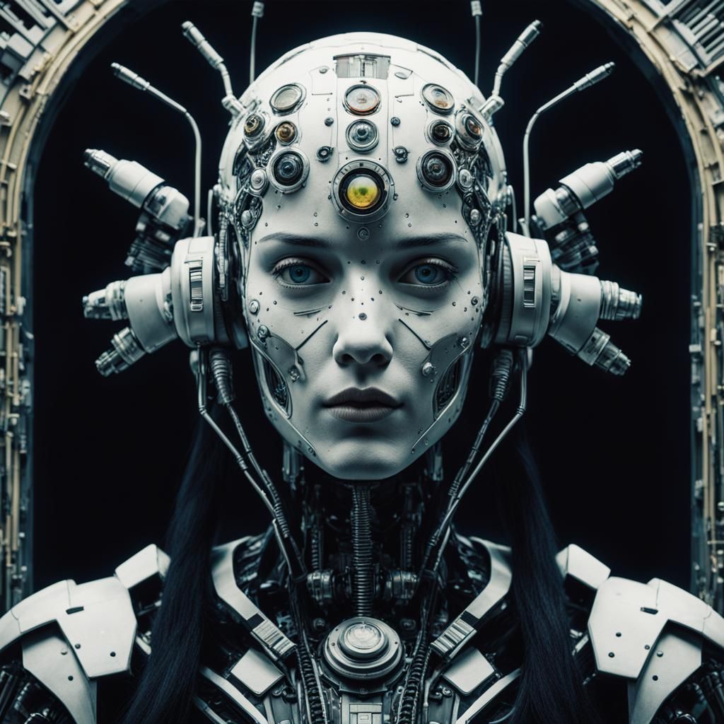 Surreal Cybernetic Goddess Emerges from Metallic Landscape