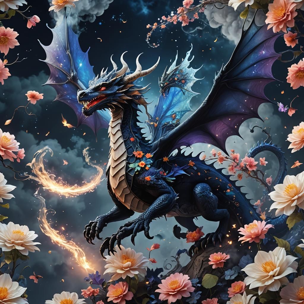 Floral Winged Dragon Flies Through Gothic Sky