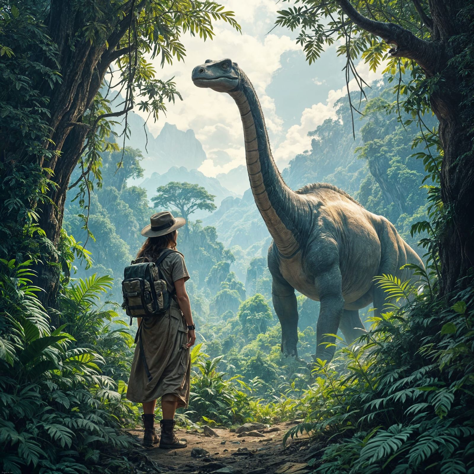 Prehistoric Jungle Scene with Apatosaurus in Retro Sci-Fi St...