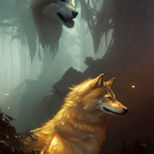 Wolves in Golden Love: Dark Fantasy Art