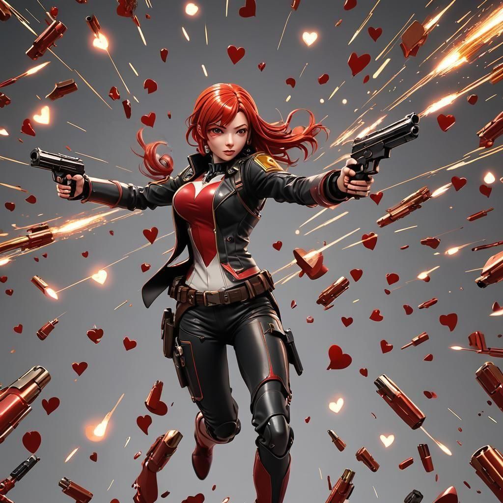 Charming Girl with red hair, red leather suit, red With gun and heart-shaped shots