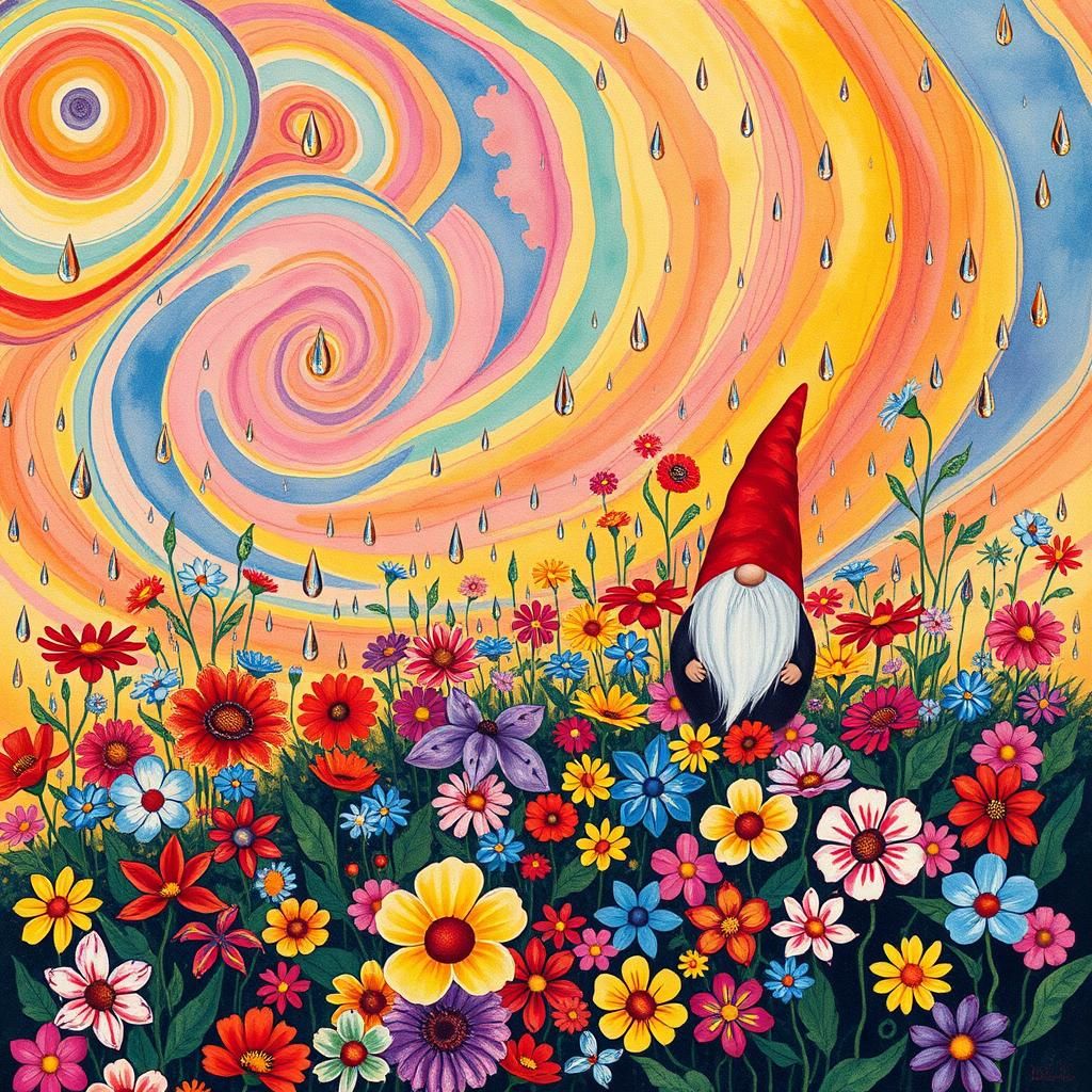 Gnomes in Whimsical Garden of Op-Art Flowers