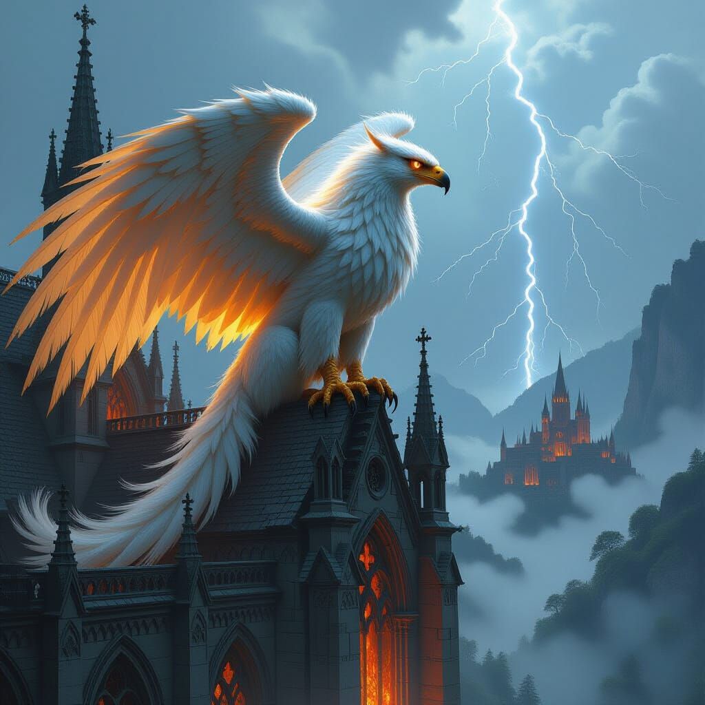 Griffin Perched on Gothic Cathedral in Dark Fantasy Style