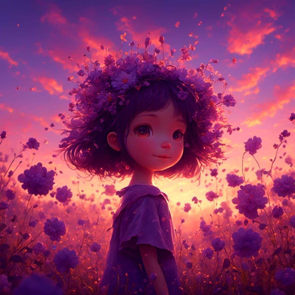 Happy Girl with Purple Flowers at Sunrise