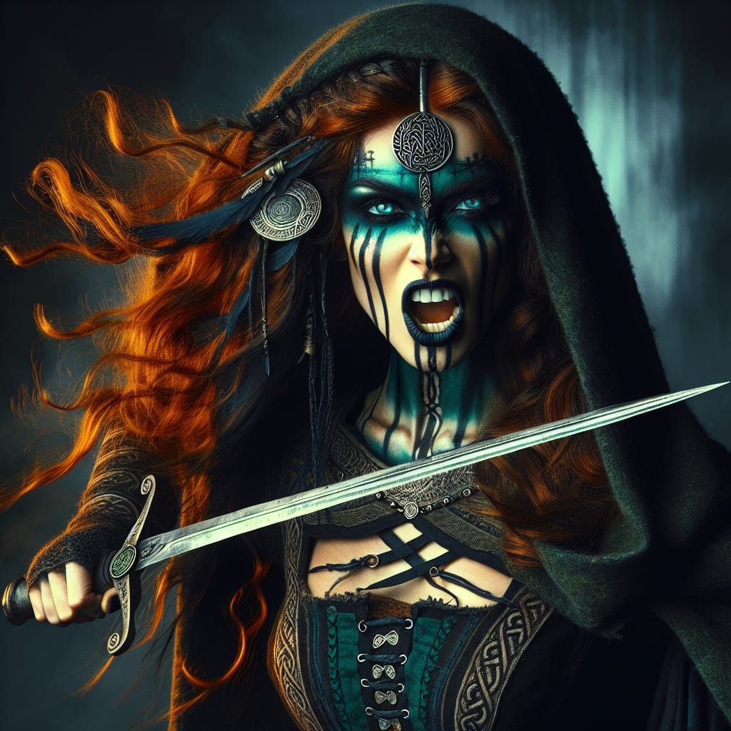 Celtic War Goddess in Fierce Battle Attire