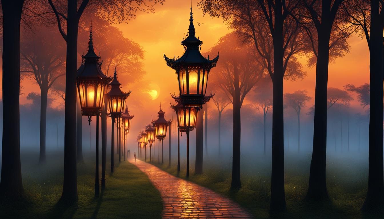 Lanterns, Tall, standing high above the ground on poles, illumining the walkways during the evenings stroll in the park ...