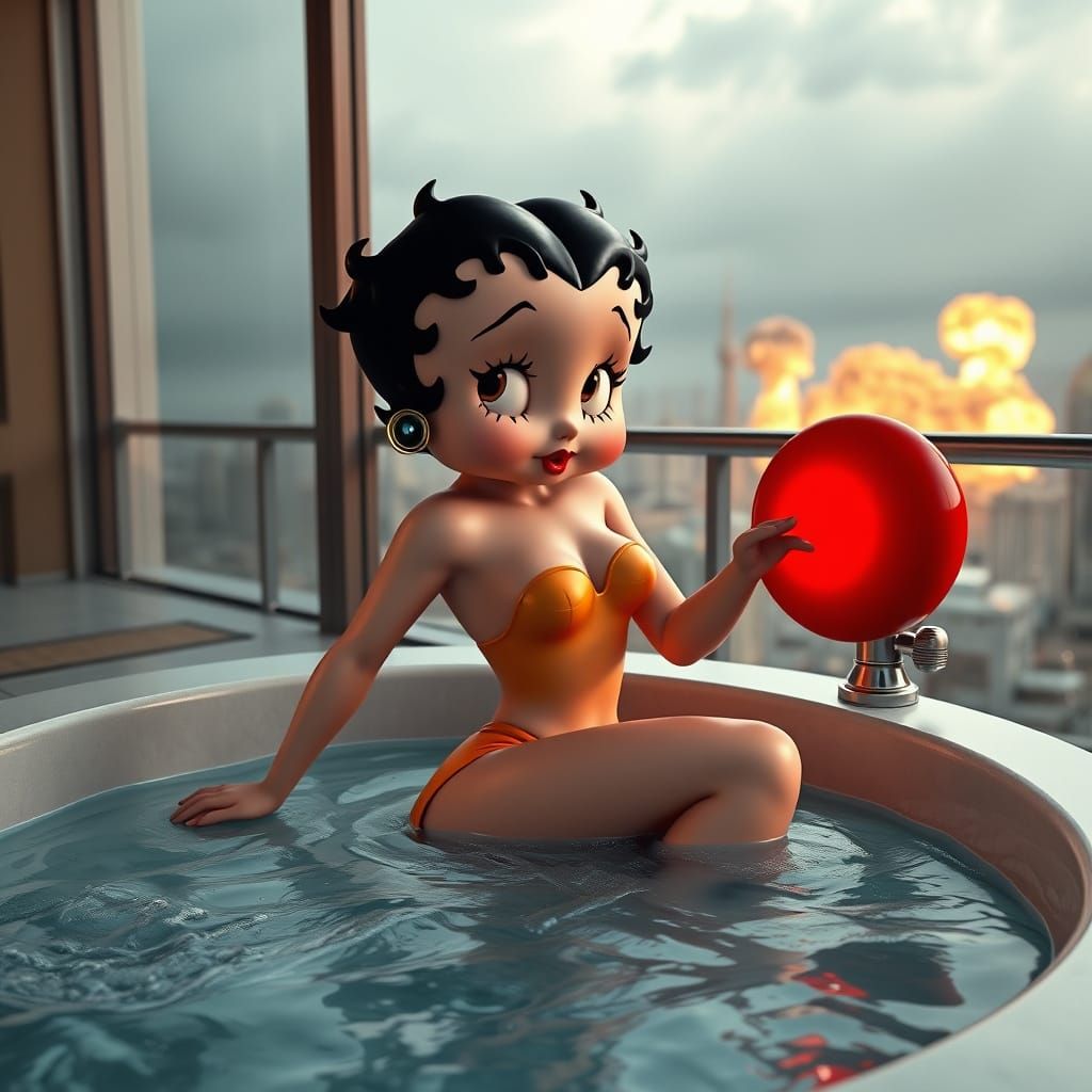 3D-HD realistic shot of Betty Boop  relaxing in a jacuzzi near the balcony of her lux condo. Betty has orange swim trunk...