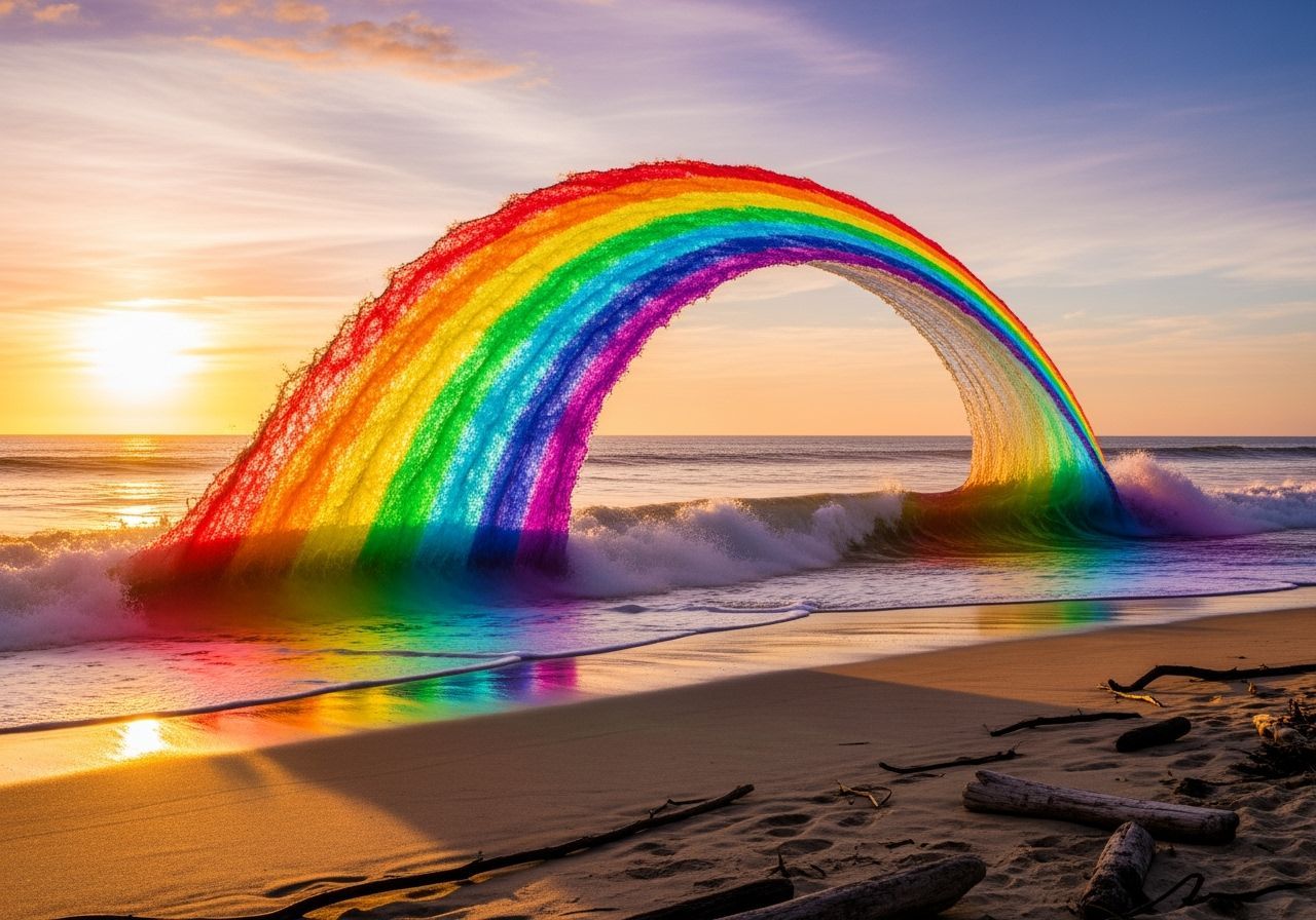 Surreal Rainbow Waves Crash on Golden Beach at Sunset