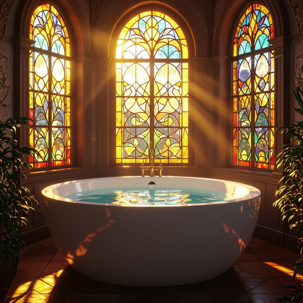 Stained Glass Window Over Round Bath