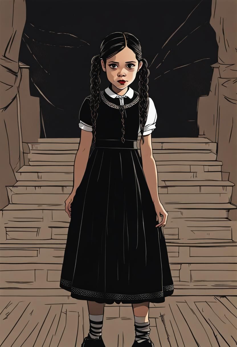 Wednesday Adams Coloring Page Sketch in Vector Style
