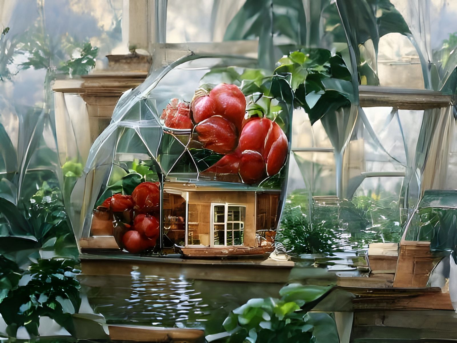 Lush Greenhouse Interior as Oil Painting