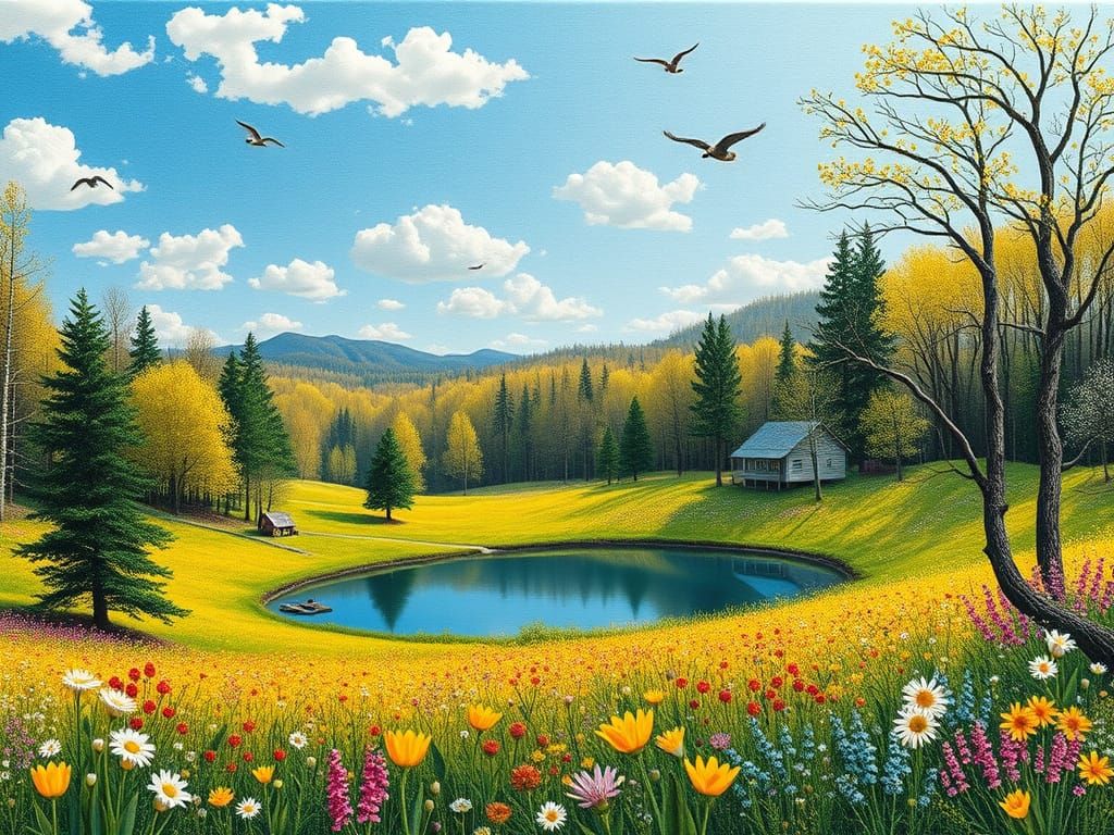 Sunny Spring Meadow with Embroidered Details