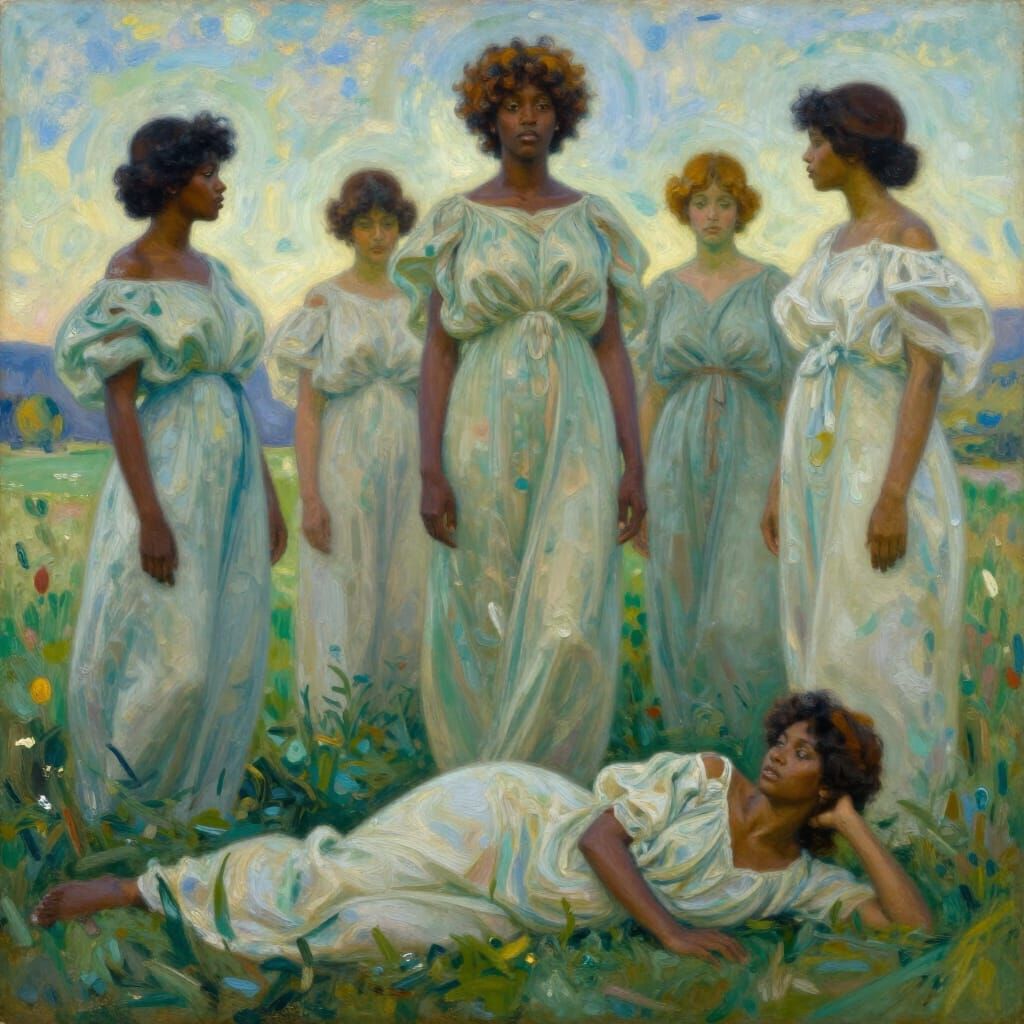 Black Women in Harmonious Landscape Oil Painting