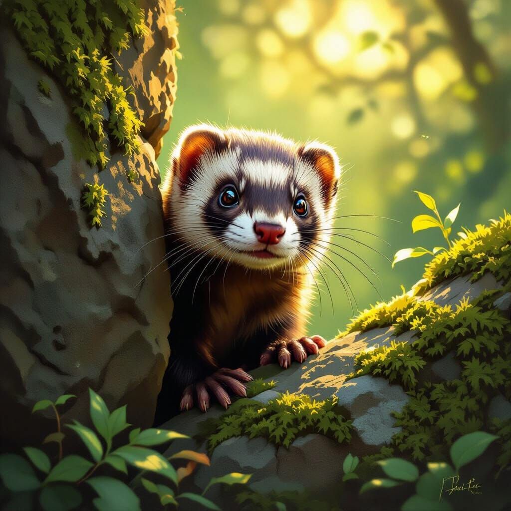 Playful Ferret in Enchanting Forest Digital Painting