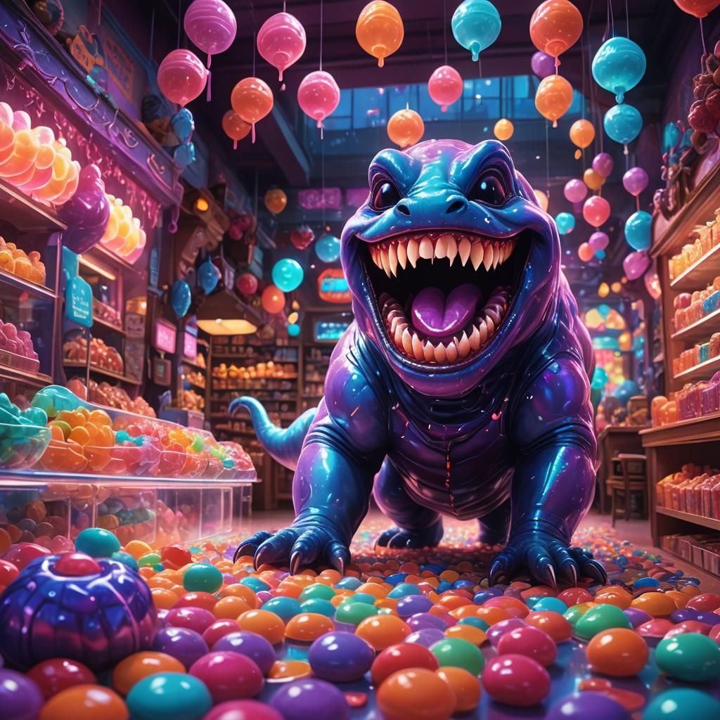 Gelatinous Creature Eating Sweets in a Candy Store