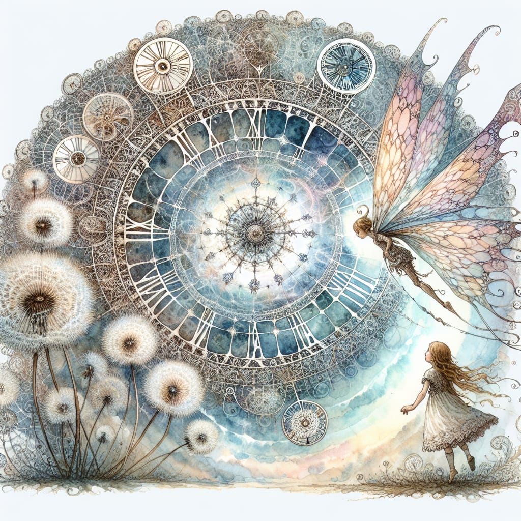 Fairy and Portal of Dandelions in Watercolor Style