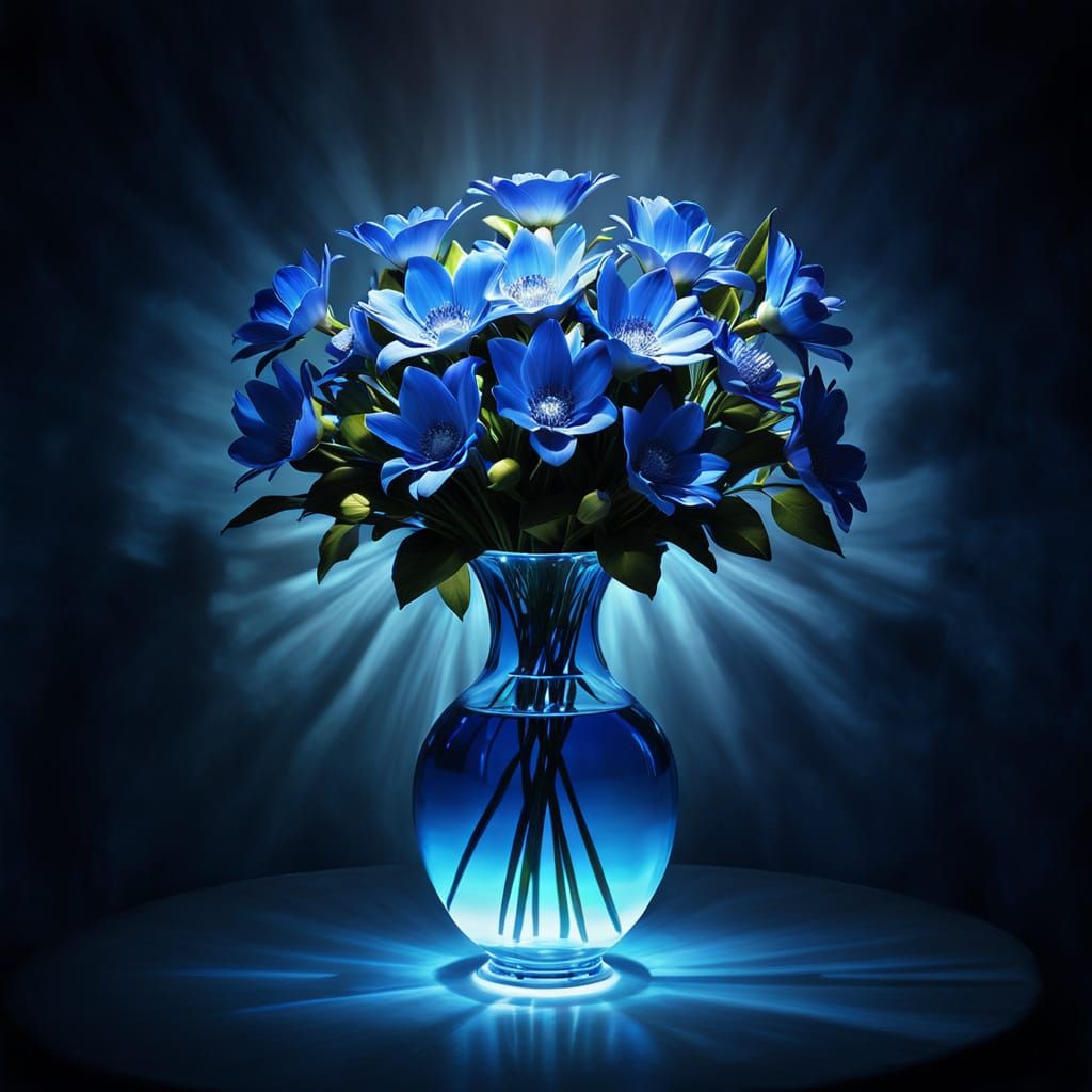 Astral Blue Flowers in Boho Room, Digital Art