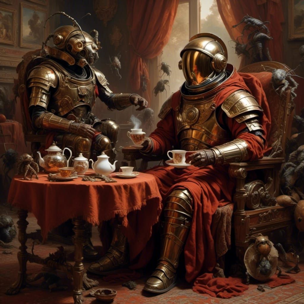 Astronaut's Tea Party with Alien Observers: Oil Painting