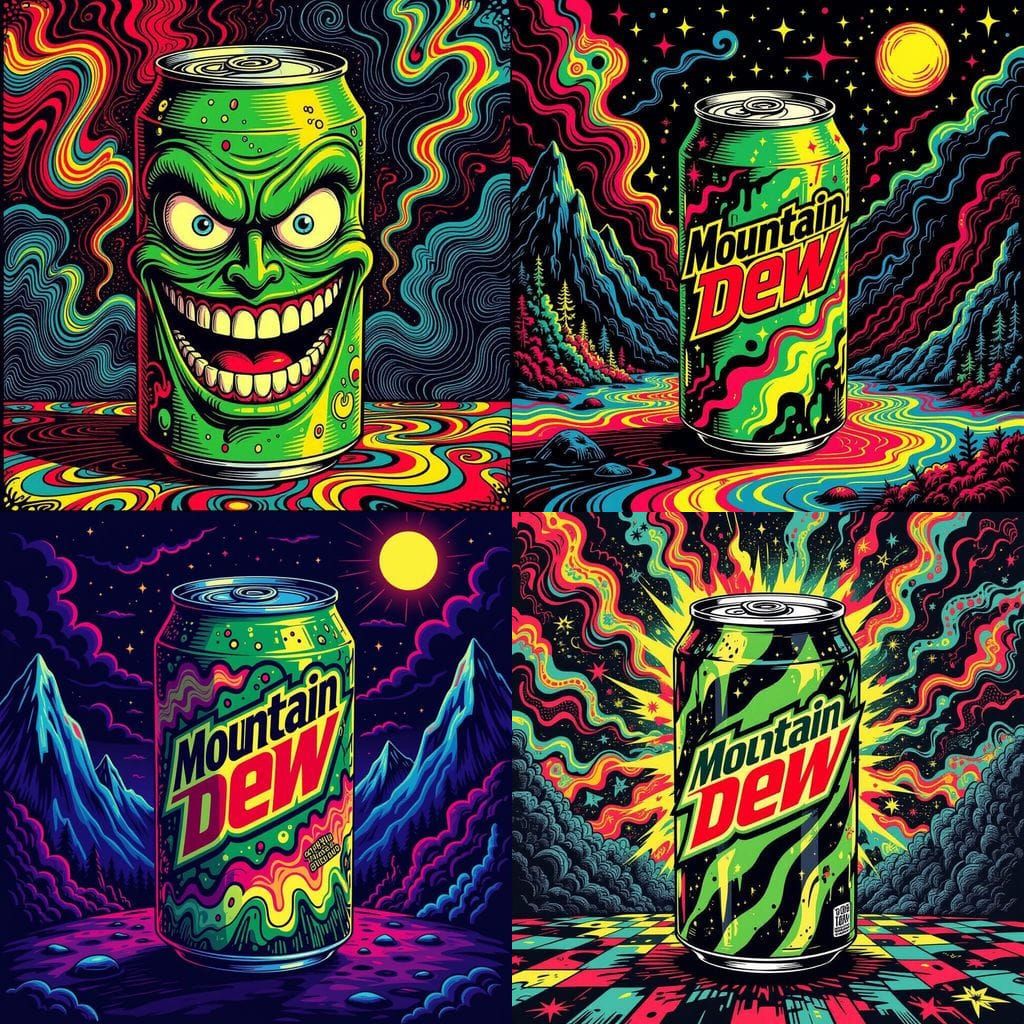 Mountain Dew Can in Tim Burton Psychedelic Comic Art Style